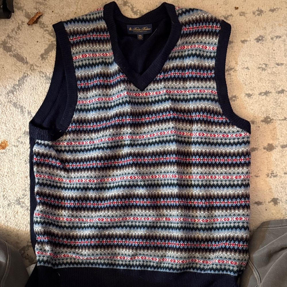 Brooks Brothers Navy and Multicolor V-Neck Sweater Vest